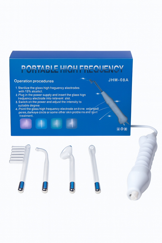 High Frequency جهاز مع رؤوس زجاجية – Mushroom, Tongue, Bend, Comb للبشرة والشعر
جهاز تردد عالي High Frequency – لتنظيف البشرة، علاج حب الشباب، وتحفيز نمو الشعر