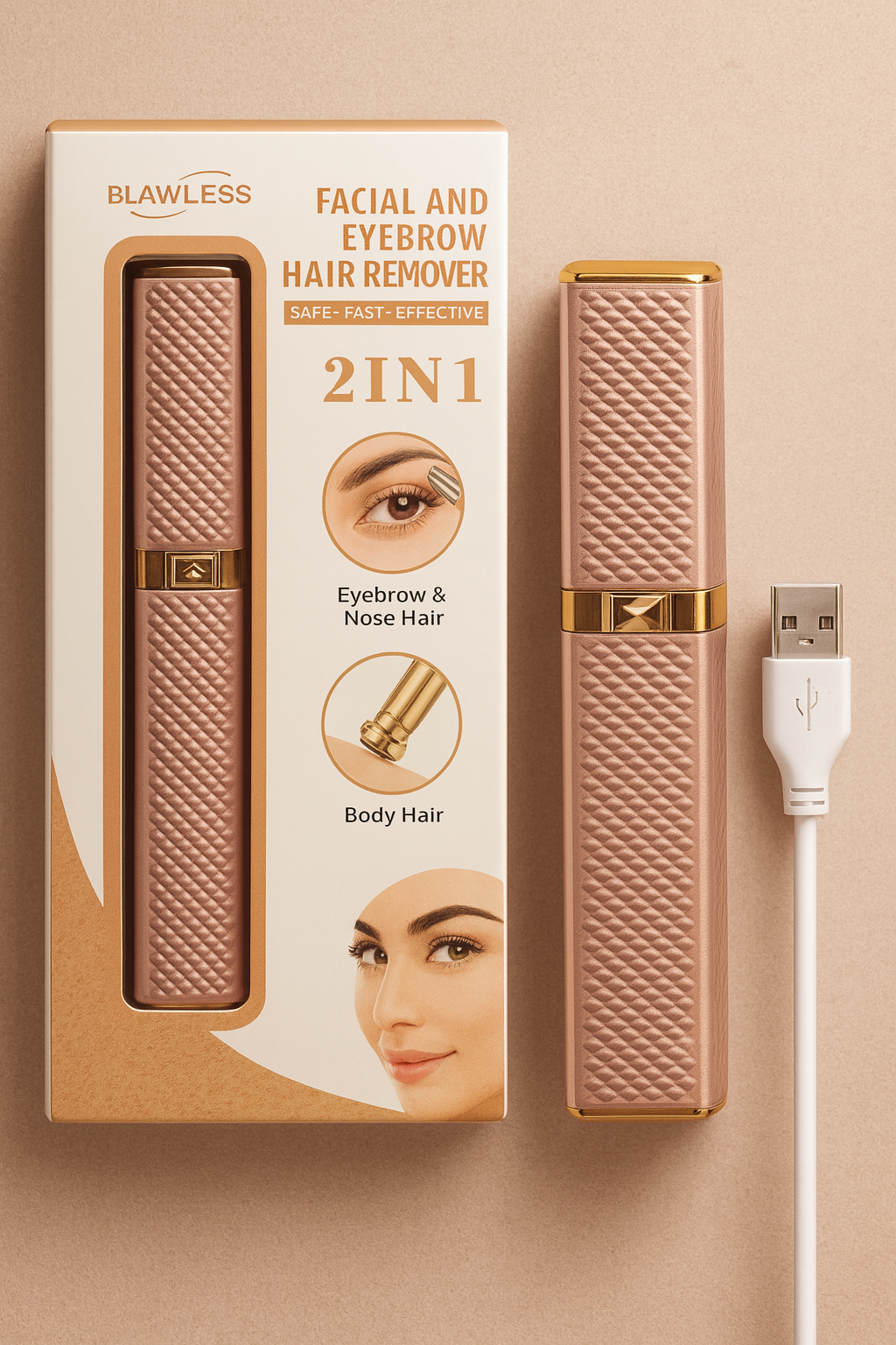 Blawless 2-in-1 Facial and Eyebrow Hair Remover in rose gold, rechargeable with USB cable, safe for eyebrow, nose, and body hair removal
