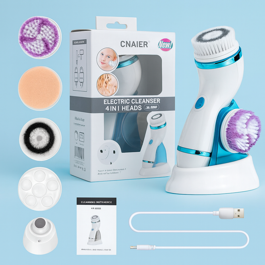 CNAIER electric facial cleanser 4-in-1 set with interchangeable brush heads, charging cable, stand, and packaging box, designed for deep face cleansing and skincare.