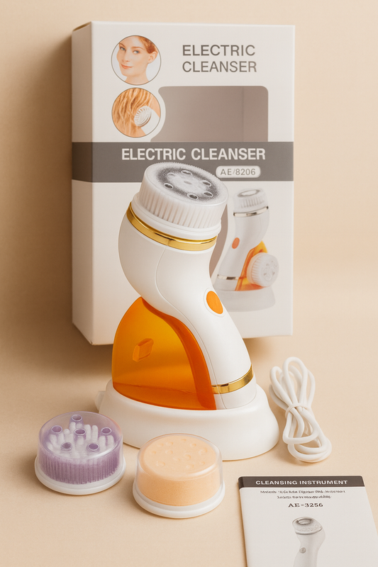 AE-8286 electric facial cleanser with white and gold design on orange charging stand, includes interchangeable brush heads, USB charging cable, user manual, and packaging box for deep facial cleansing and skincare.