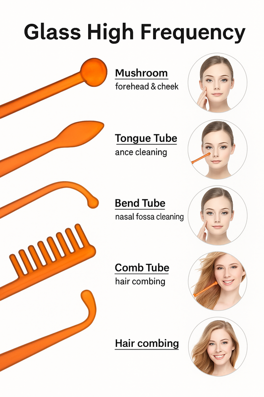 High Frequency جهاز – Mushroom, Tongue, Bend & Comb Tubes للعناية بالبشرة والشعر
Glass High Frequency Attachments – مشروم، لسان، منحني، مشط للبشرة وحب الشباب وتحفيز الشعر