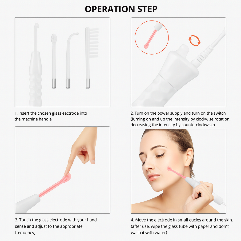 Glass High Frequency Electrodes – مشروم، لسان، منحني، مشط لعلاج البشرة وتحفيز الشعر