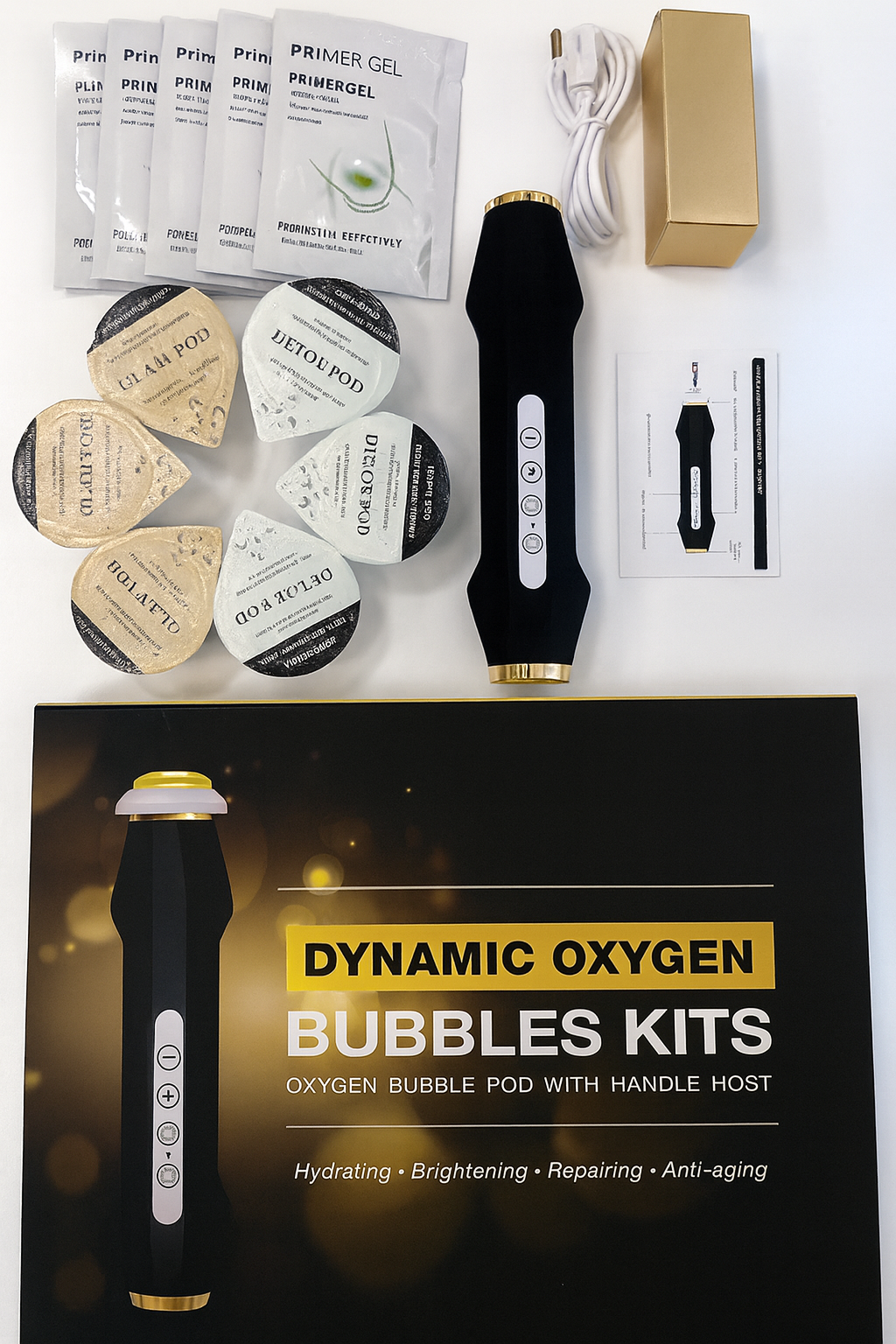 Dynamic Oxygen Bubbles Kit – Oxygen Bubble Pod with handle, glam and detox pods, primer gel sachets, and accessories – hydrating, brightening, repairing, anti-aging skincare device