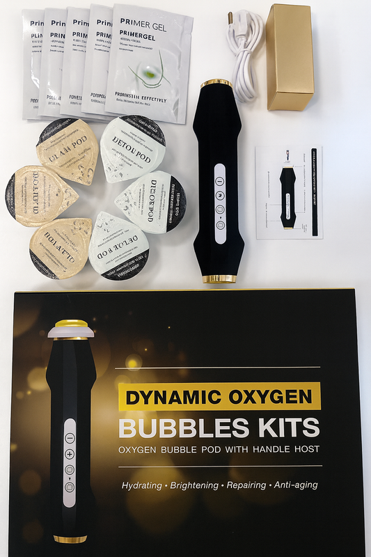 Dynamic Oxygen Bubbles Kit – Oxygen Bubble Pod with handle, glam and detox pods, primer gel sachets, and accessories – hydrating, brightening, repairing, anti-aging skincare device