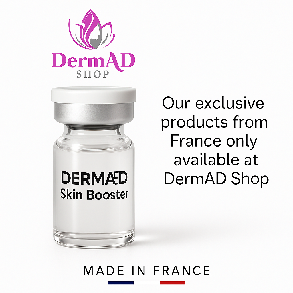 for hydration, radiance, and skin elasticity.
أمبولات DermAD Skin Booster الفرنسية – تركيبة عناية بالبشرة تحتوي على حمض الهيالورونيك والفيتامينات والبيبتيدات للترطيب والإشراقة ودعم مرونة البشرة.