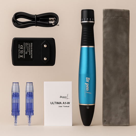 Dr. Pen A1 + DermAD Skin Booster – Premium Microneedling Upgrade Kit contents: device, cables, cartridges, manual.