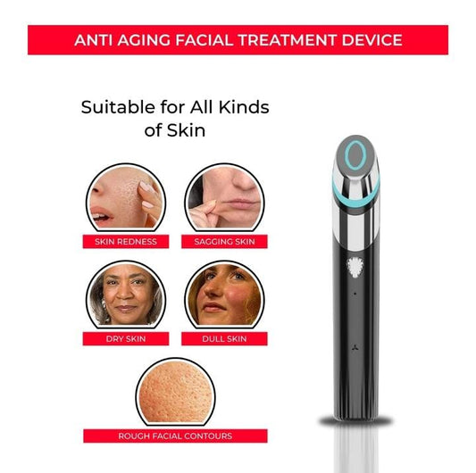 Anti-aging facial treatment device with skin condition illustrations on a white background