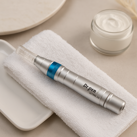 Dr. Pen Ultima A6 microneedling device placed on a white towel with skincare cream jar – lifestyle product photo for collagen induction therapy and skin rejuvenation
جهاز ديرما بن Ultima A6 موضوع على منشفة بيضاء بجانب كريم ترطيب – صورة واقعية لجهاز الميكرونيدلينج لتحفيز الكولاجين وتجديد البشرة