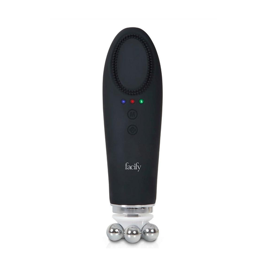 Facify Beauty Wand 4-in-1 facial cleansing and massage device, black, silicone brush and metal roller heads on white background
جهاز Facify Beauty Wand لتنظيف ومساج البشرة 4 في 1 باللون الأسود برأس سيليكون وكُرات مساج معدنية على خلفية بيضاء